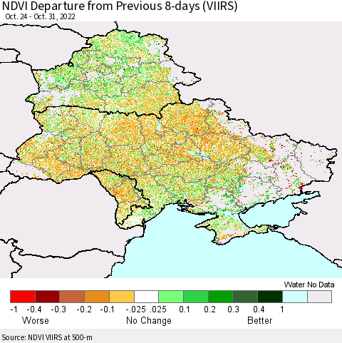 Ukraine, Moldova and Belarus NDVI Departure from Previous 8-days (VIIRS) Thematic Map For 10/24/2022 - 10/31/2022