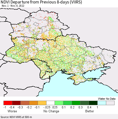 Ukraine, Moldova and Belarus NDVI Departure from Previous 8-days (VIIRS) Thematic Map For 11/1/2022 - 11/8/2022