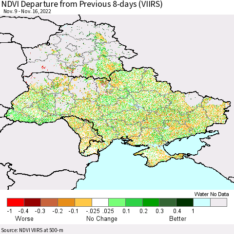 Ukraine, Moldova and Belarus NDVI Departure from Previous 8-days (VIIRS) Thematic Map For 11/9/2022 - 11/16/2022