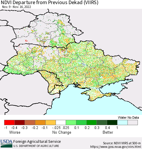 Ukraine, Moldova and Belarus NDVI Departure from Previous Dekad (VIIRS) Thematic Map For 11/11/2022 - 11/20/2022