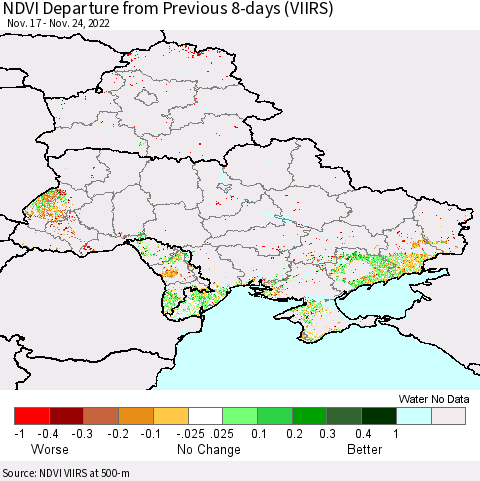 Ukraine, Moldova and Belarus NDVI Departure from Previous 8-days (VIIRS) Thematic Map For 11/17/2022 - 11/24/2022