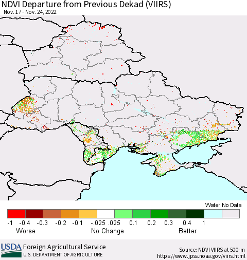 Ukraine, Moldova and Belarus NDVI Departure from Previous Dekad (VIIRS) Thematic Map For 11/21/2022 - 11/30/2022