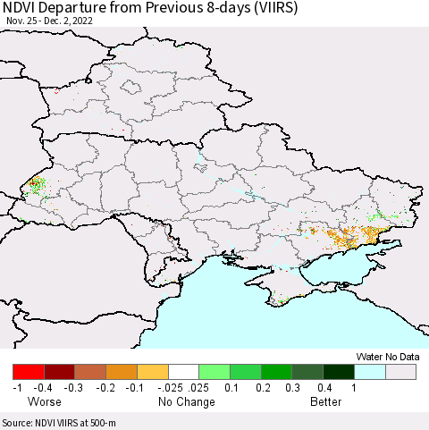 Ukraine, Moldova and Belarus NDVI Departure from Previous 8-days (VIIRS) Thematic Map For 11/25/2022 - 12/2/2022