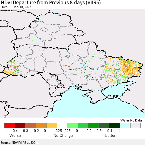Ukraine, Moldova and Belarus NDVI Departure from Previous 8-days (VIIRS) Thematic Map For 12/3/2022 - 12/10/2022