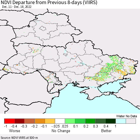 Ukraine, Moldova and Belarus NDVI Departure from Previous 8-days (VIIRS) Thematic Map For 12/11/2022 - 12/18/2022