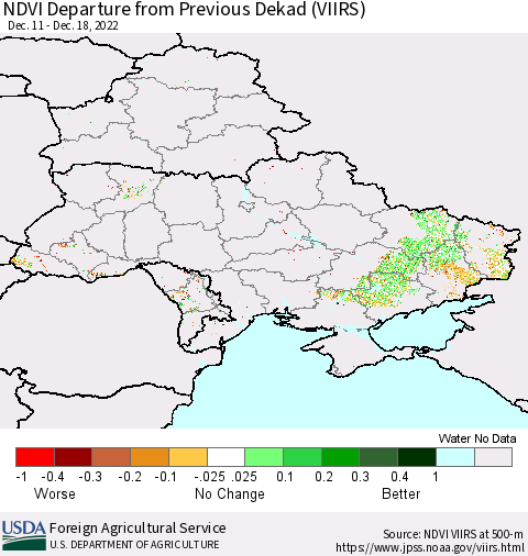 Ukraine, Moldova and Belarus NDVI Departure from Previous Dekad (VIIRS) Thematic Map For 12/11/2022 - 12/20/2022
