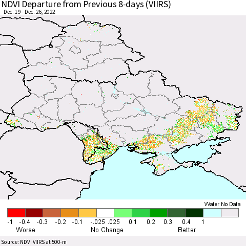 Ukraine, Moldova and Belarus NDVI Departure from Previous 8-days (VIIRS) Thematic Map For 12/19/2022 - 12/26/2022