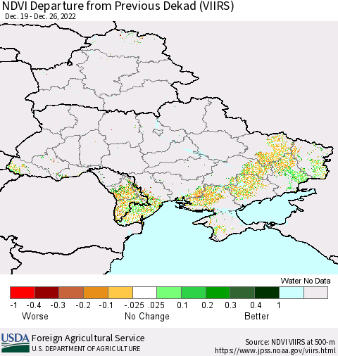 Ukraine, Moldova and Belarus NDVI Departure from Previous Dekad (VIIRS) Thematic Map For 12/21/2022 - 12/31/2022