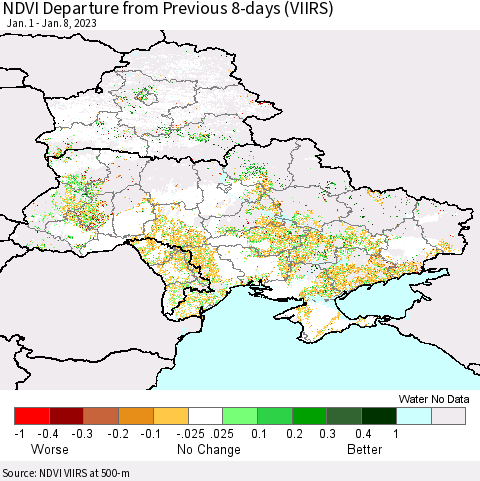Ukraine, Moldova and Belarus NDVI Departure from Previous 8-days (VIIRS) Thematic Map For 1/1/2023 - 1/8/2023