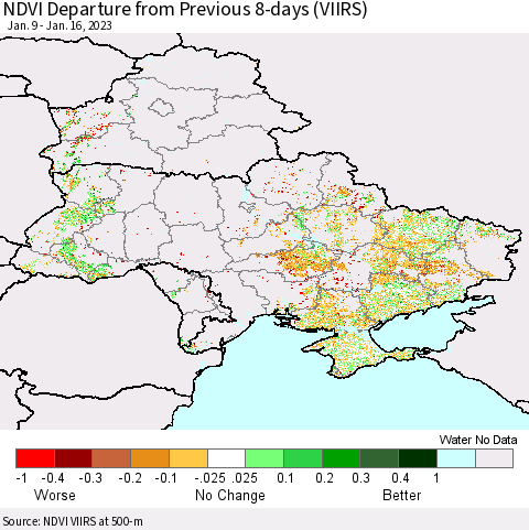 Ukraine, Moldova and Belarus NDVI Departure from Previous 8-days (VIIRS) Thematic Map For 1/9/2023 - 1/16/2023