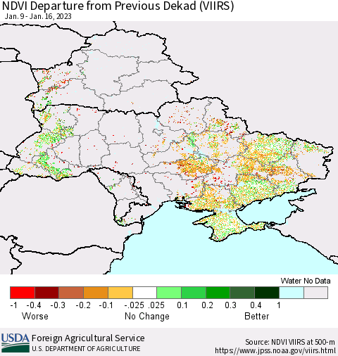 Ukraine, Moldova and Belarus NDVI Departure from Previous Dekad (VIIRS) Thematic Map For 1/11/2023 - 1/20/2023
