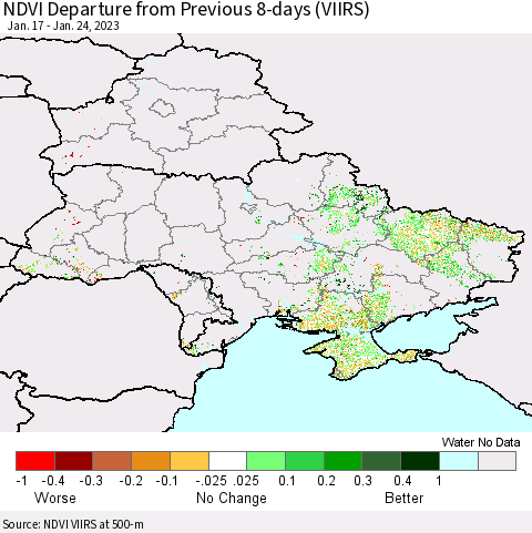 Ukraine, Moldova and Belarus NDVI Departure from Previous 8-days (VIIRS) Thematic Map For 1/17/2023 - 1/24/2023