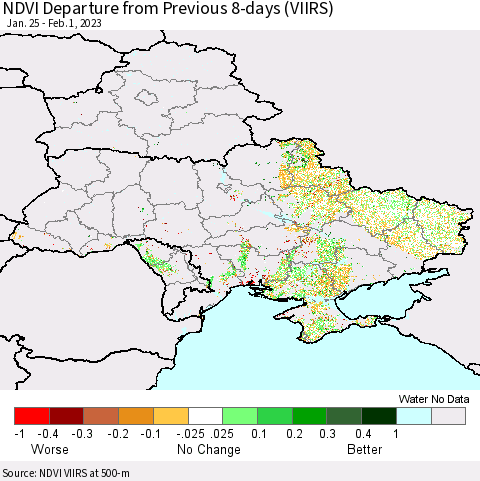 Ukraine, Moldova and Belarus NDVI Departure from Previous 8-days (VIIRS) Thematic Map For 1/25/2023 - 2/1/2023