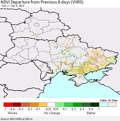 Ukraine, Moldova and Belarus NDVI Departure from Previous 8-days (VIIRS) Thematic Map For 2/2/2023 - 2/9/2023