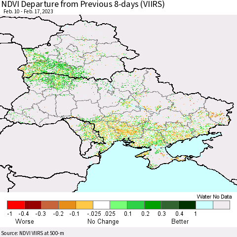 Ukraine, Moldova and Belarus NDVI Departure from Previous 8-days (VIIRS) Thematic Map For 2/10/2023 - 2/17/2023