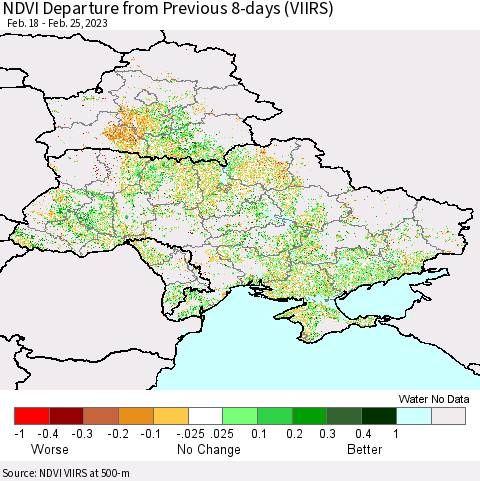 Ukraine, Moldova and Belarus NDVI Departure from Previous 8-days (VIIRS) Thematic Map For 2/18/2023 - 2/25/2023