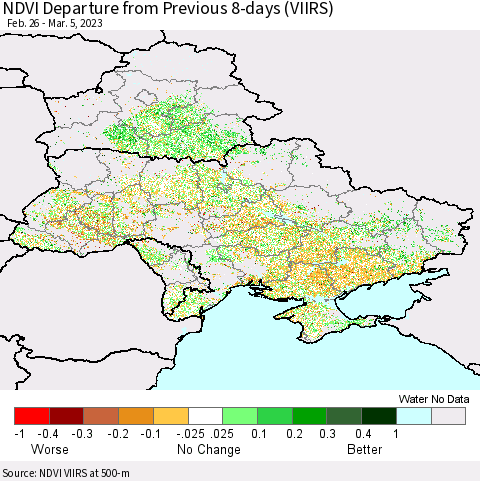 Ukraine, Moldova and Belarus NDVI Departure from Previous 8-days (VIIRS) Thematic Map For 2/26/2023 - 3/5/2023