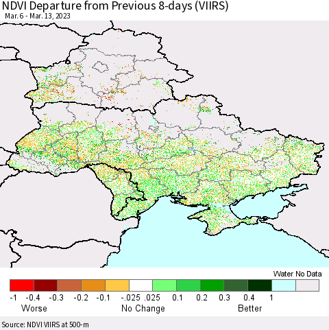 Ukraine, Moldova and Belarus NDVI Departure from Previous 8-days (VIIRS) Thematic Map For 3/6/2023 - 3/13/2023