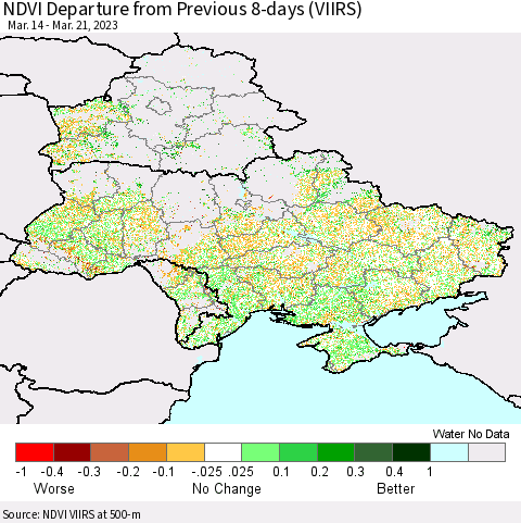 Ukraine, Moldova and Belarus NDVI Departure from Previous 8-days (VIIRS) Thematic Map For 3/14/2023 - 3/21/2023