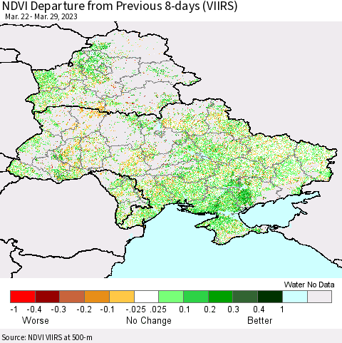 Ukraine, Moldova and Belarus NDVI Departure from Previous 8-days (VIIRS) Thematic Map For 3/22/2023 - 3/29/2023