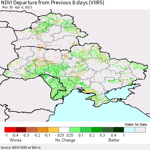 Ukraine, Moldova and Belarus NDVI Departure from Previous 8-days (VIIRS) Thematic Map For 3/30/2023 - 4/6/2023