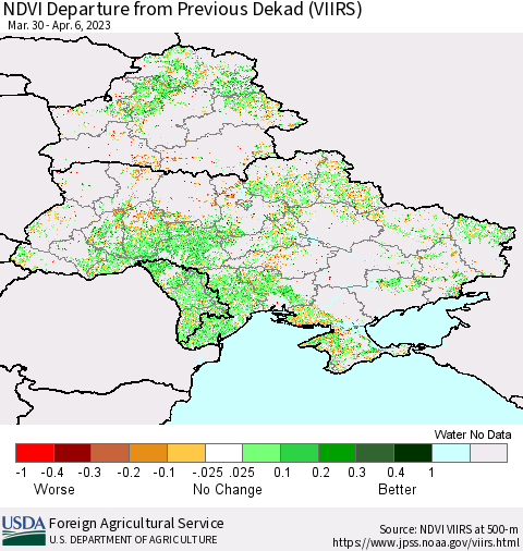 Ukraine, Moldova and Belarus NDVI Departure from Previous Dekad (VIIRS) Thematic Map For 4/1/2023 - 4/10/2023