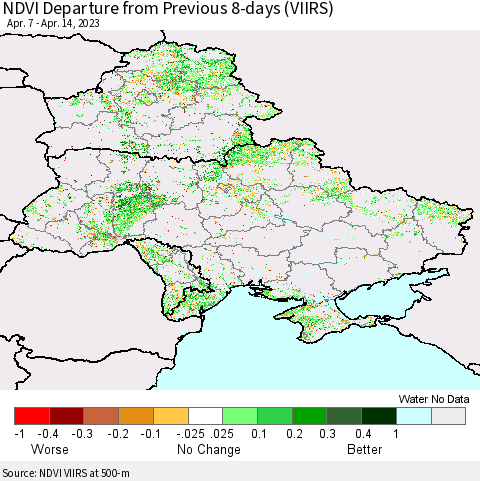 Ukraine, Moldova and Belarus NDVI Departure from Previous 8-days (VIIRS) Thematic Map For 4/7/2023 - 4/14/2023