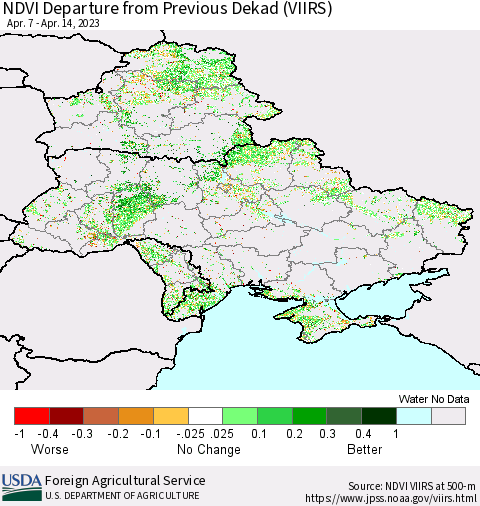 Ukraine, Moldova and Belarus NDVI Departure from Previous Dekad (VIIRS) Thematic Map For 4/11/2023 - 4/20/2023