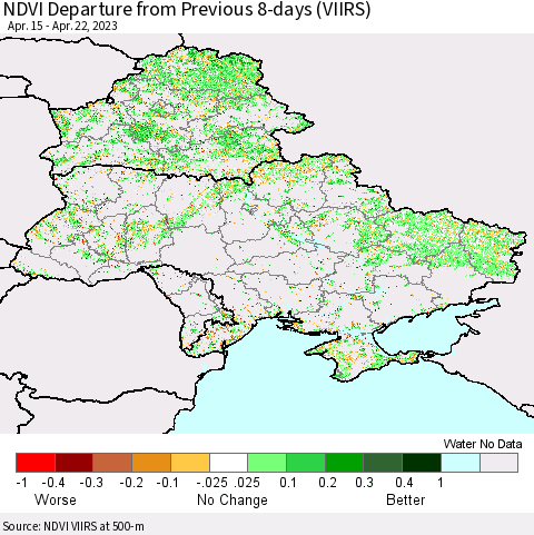 Ukraine, Moldova and Belarus NDVI Departure from Previous 8-days (VIIRS) Thematic Map For 4/15/2023 - 4/22/2023