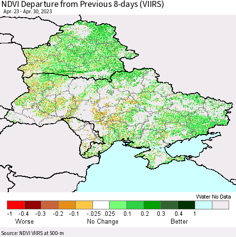 Ukraine, Moldova and Belarus NDVI Departure from Previous 8-days (VIIRS) Thematic Map For 4/23/2023 - 4/30/2023