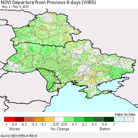 Ukraine, Moldova and Belarus NDVI Departure from Previous 8-days (VIIRS) Thematic Map For 5/1/2023 - 5/8/2023