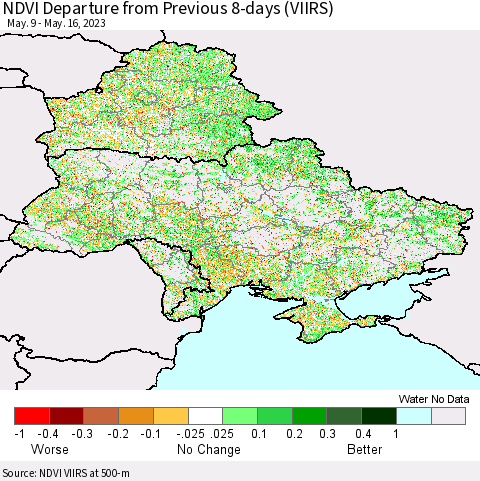 Ukraine, Moldova and Belarus NDVI Departure from Previous 8-days (VIIRS) Thematic Map For 5/9/2023 - 5/16/2023