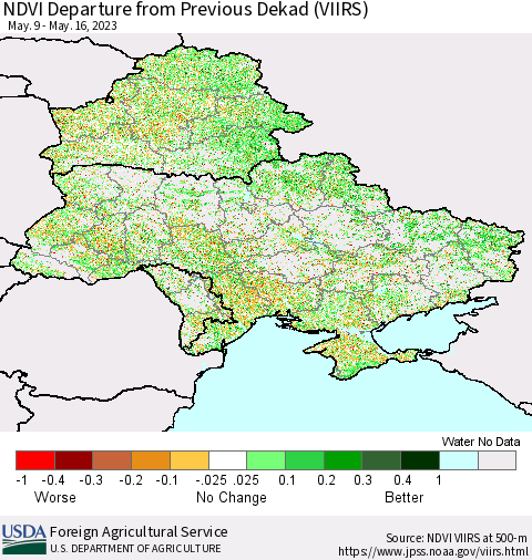 Ukraine, Moldova and Belarus NDVI Departure from Previous Dekad (VIIRS) Thematic Map For 5/11/2023 - 5/20/2023