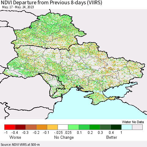 Ukraine, Moldova and Belarus NDVI Departure from Previous 8-days (VIIRS) Thematic Map For 5/17/2023 - 5/24/2023