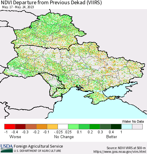 Ukraine, Moldova and Belarus NDVI Departure from Previous Dekad (VIIRS) Thematic Map For 5/21/2023 - 5/31/2023