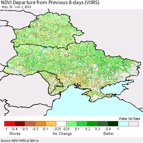 Ukraine, Moldova and Belarus NDVI Departure from Previous 8-days (VIIRS) Thematic Map For 5/25/2023 - 6/1/2023