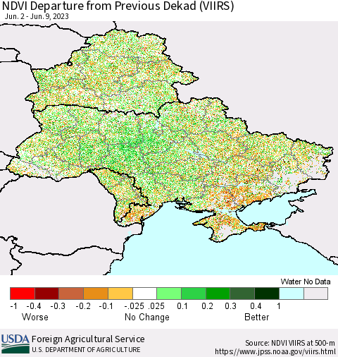 Ukraine, Moldova and Belarus NDVI Departure from Previous Dekad (VIIRS) Thematic Map For 6/1/2023 - 6/10/2023