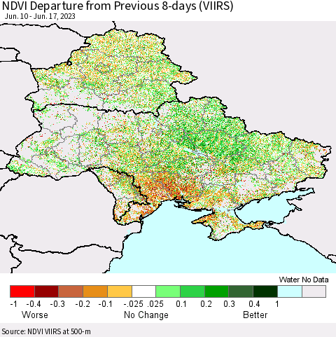 Ukraine, Moldova and Belarus NDVI Departure from Previous 8-days (VIIRS) Thematic Map For 6/10/2023 - 6/17/2023