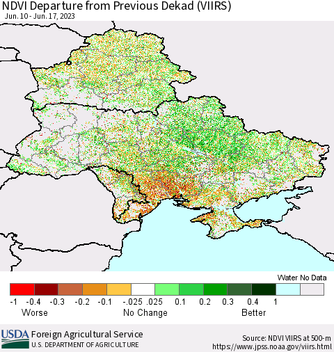 Ukraine, Moldova and Belarus NDVI Departure from Previous Dekad (VIIRS) Thematic Map For 6/11/2023 - 6/20/2023