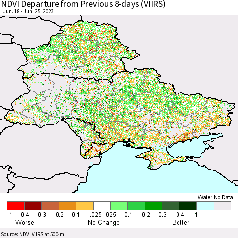 Ukraine, Moldova and Belarus NDVI Departure from Previous 8-days (VIIRS) Thematic Map For 6/18/2023 - 6/25/2023