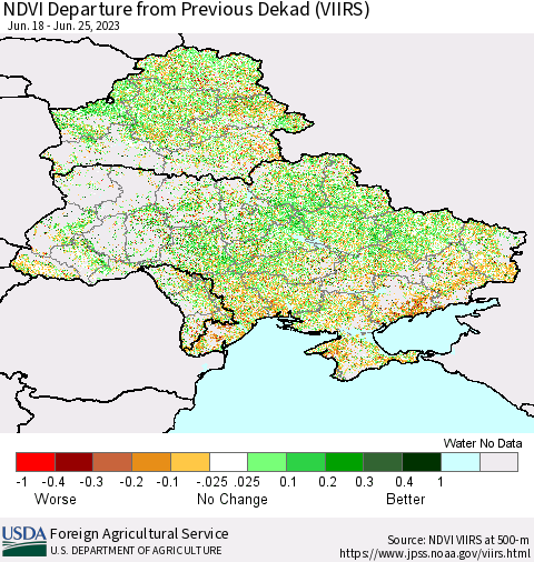Ukraine, Moldova and Belarus NDVI Departure from Previous Dekad (VIIRS) Thematic Map For 6/21/2023 - 6/30/2023
