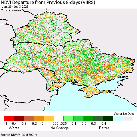Ukraine, Moldova and Belarus NDVI Departure from Previous 8-days (VIIRS) Thematic Map For 6/26/2023 - 7/3/2023