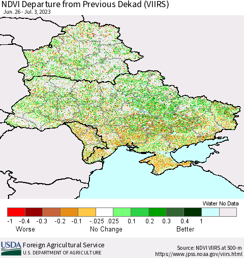 Ukraine, Moldova and Belarus NDVI Departure from Previous Dekad (VIIRS) Thematic Map For 7/1/2023 - 7/10/2023