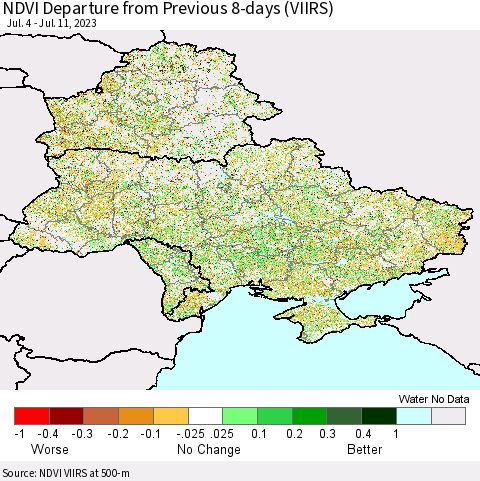 Ukraine, Moldova and Belarus NDVI Departure from Previous 8-days (VIIRS) Thematic Map For 7/4/2023 - 7/11/2023
