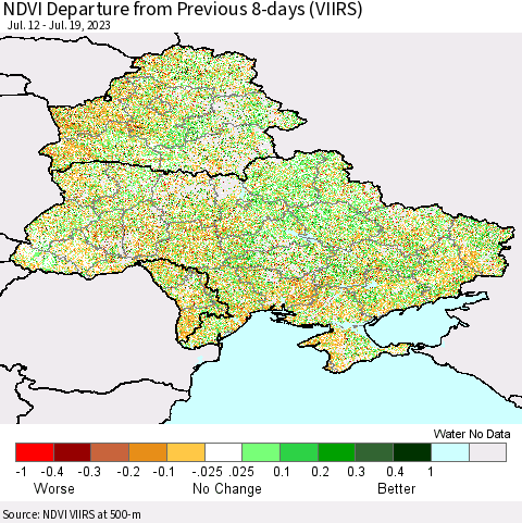 Ukraine, Moldova and Belarus NDVI Departure from Previous 8-days (VIIRS) Thematic Map For 7/12/2023 - 7/19/2023