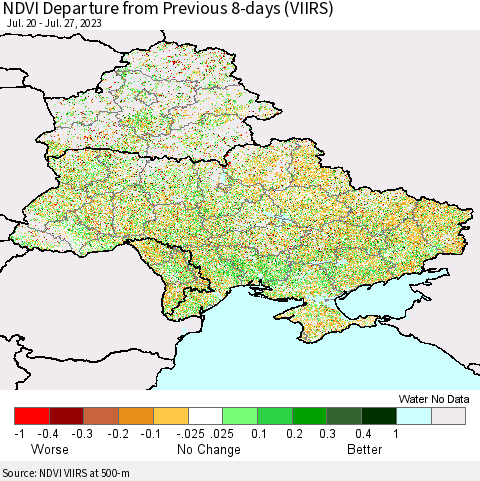 Ukraine, Moldova and Belarus NDVI Departure from Previous 8-days (VIIRS) Thematic Map For 7/20/2023 - 7/27/2023
