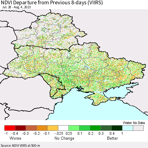 Ukraine, Moldova and Belarus NDVI Departure from Previous 8-days (VIIRS) Thematic Map For 7/28/2023 - 8/4/2023