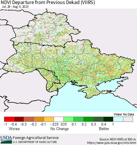 Ukraine, Moldova and Belarus NDVI Departure from Previous Dekad (VIIRS) Thematic Map For 8/1/2023 - 8/10/2023