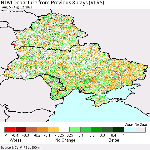Ukraine, Moldova and Belarus NDVI Departure from Previous 8-days (VIIRS) Thematic Map For 8/5/2023 - 8/12/2023