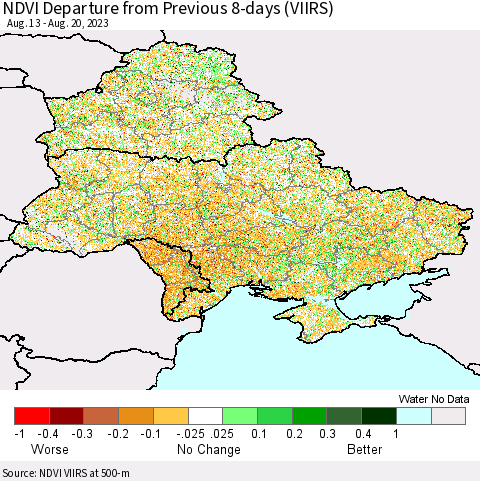 Ukraine, Moldova and Belarus NDVI Departure from Previous Dekad (VIIRS) Thematic Map For 8/11/2023 - 8/20/2023
